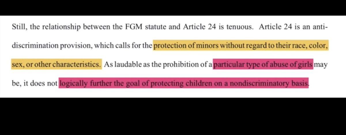 to try to protect girls from a "particular type of abuse" to which they may be subjected (again, referring in this case to the ritual nick, not "extreme" forms of FGM), a sex-specific law "does not logically further the goal of protecting children on a non-discriminatory basis."