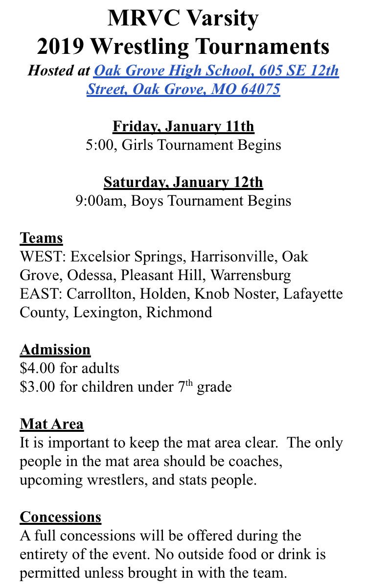 mrvcconference's tweet photo. The 2019 MRVC Wrestling Tournament is coming up on Jan. 11 and 12!
This year, the 1st ever girls tournament will take place on Friday with the boys will wrestle a 1-day format on Saturday. https://t.co/70A1zZIlWa