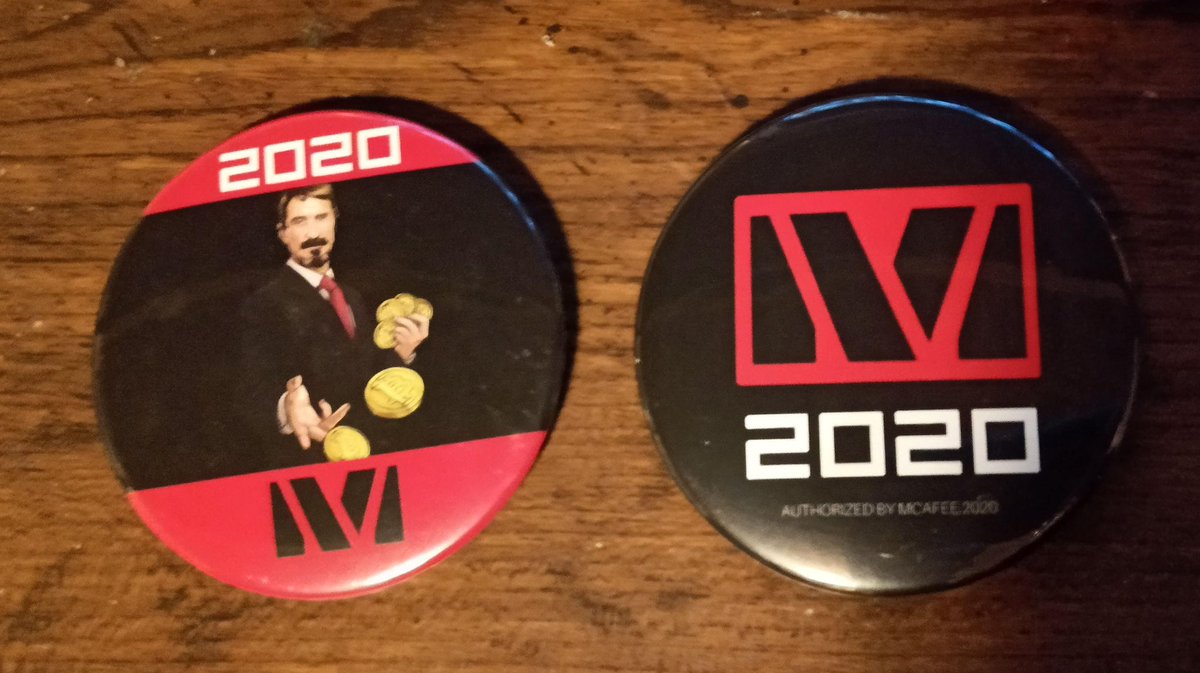 officialmcafee's tweet image. First shipment of McAfee 2020 camaign pins came in today. Contact @Loggiaonfire, our campaign manager, to find out what hoops you must jump through and how many firstborn children you would have to part with in order to acquire one.