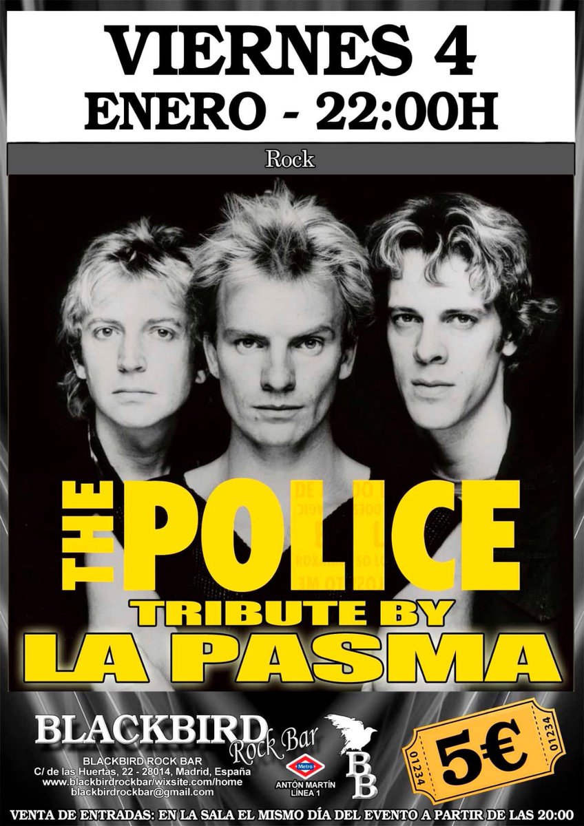 Blackbirdrockba's tweet photo. Mañana viene LA PASMA ! Así que cuidadín con lo que hacéis !!! Todos los temazos de Police a las 22h ! #rock #thepolice #madrid #viernes #friday #livemusic #musicaendirecto #conciertos #barriodelasletras #blackbirdrockbar #music #enero #musica https://t.co/nwhJilDjaE