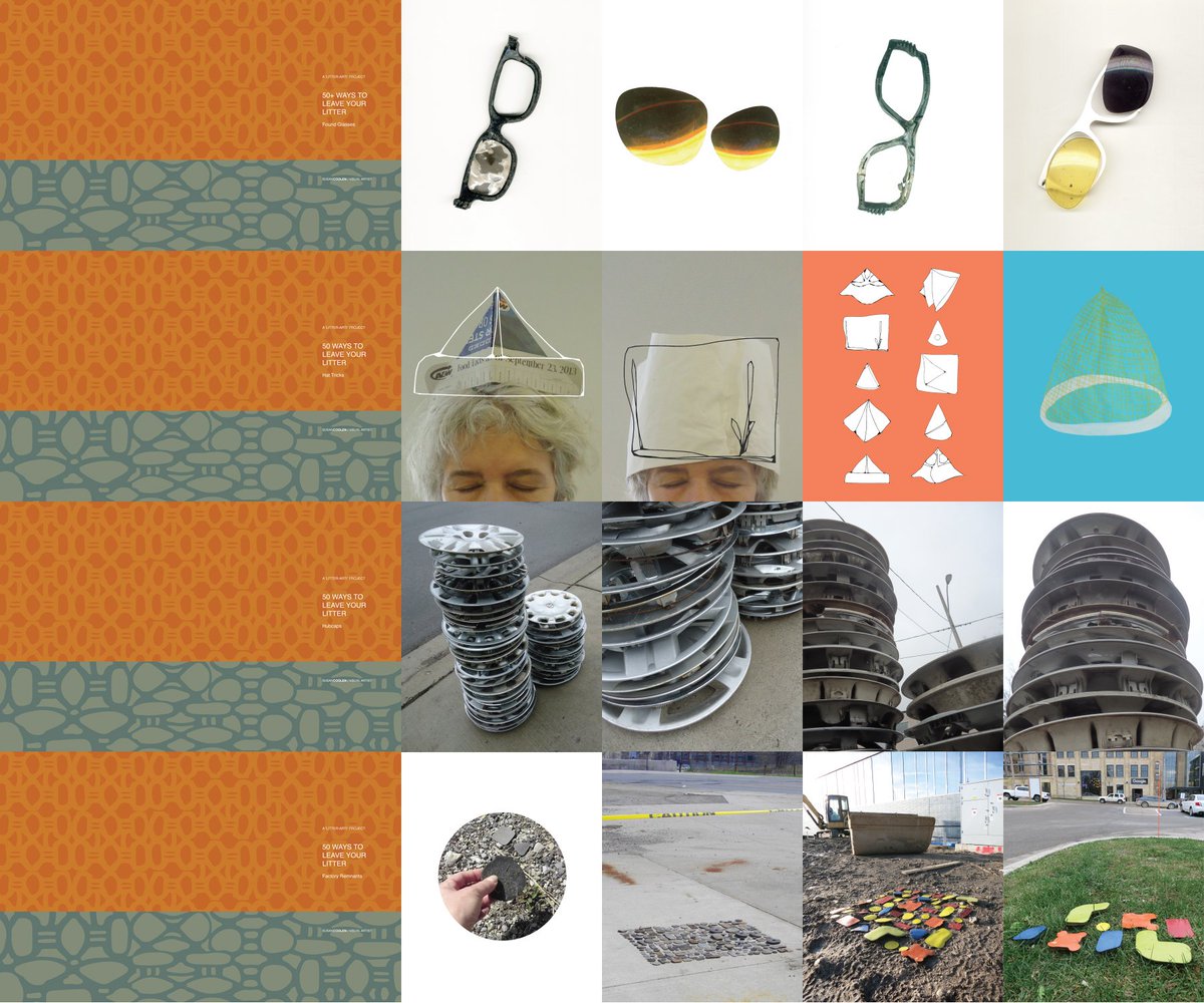 The 'Litter-Arti' Project continues in book format. The 4 selected books here feature a the categories of found glasses, found paper hats, stacks of hubcaps and factory remnants. Books include photographic imagery, drawings and graphics.