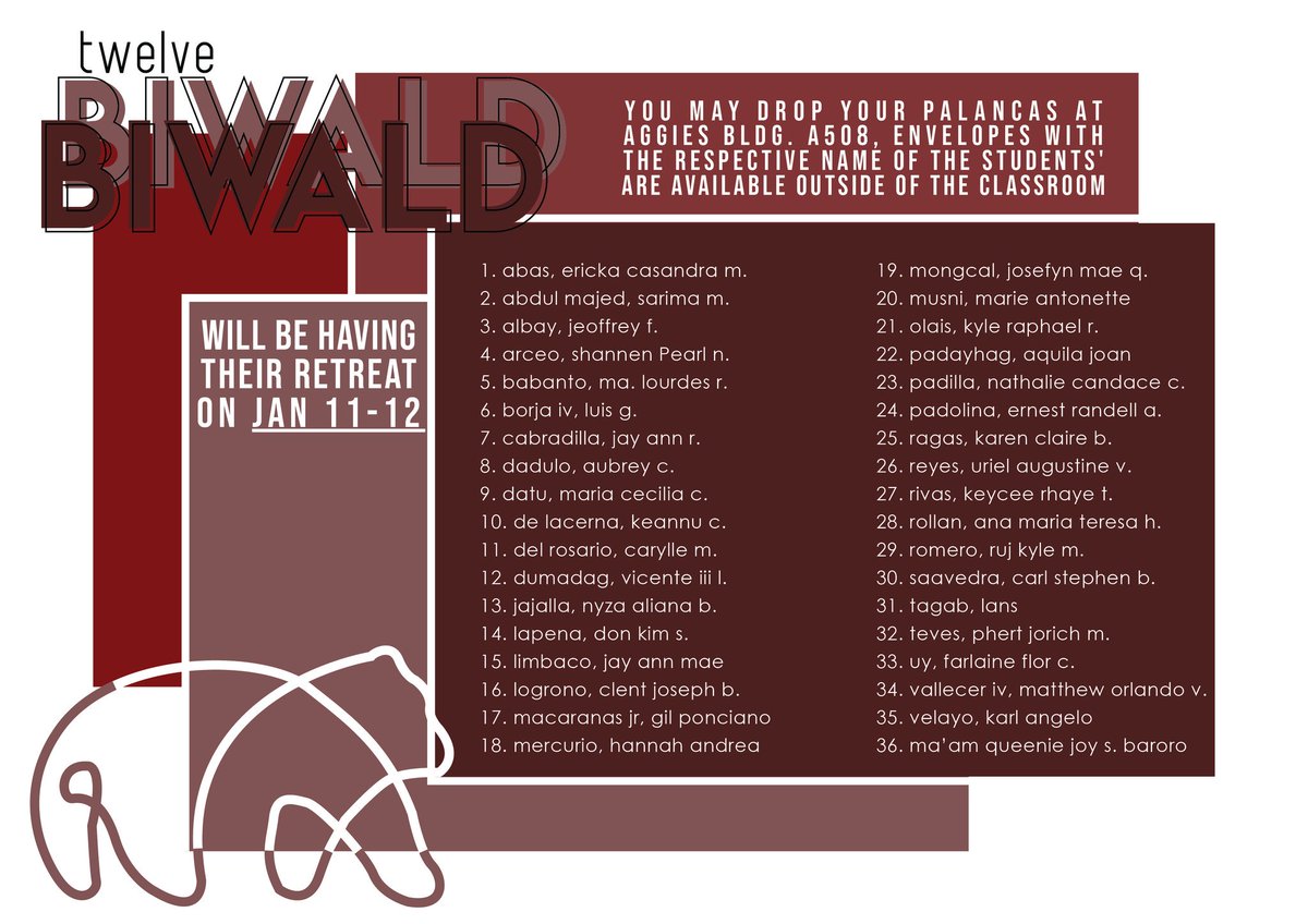frbiwald's tweet photo. The Grade 12 Biwald will be having their retreat on January 11-12, 2019.

Drop your palancas now at A508. https://t.co/LynaVPDhRS