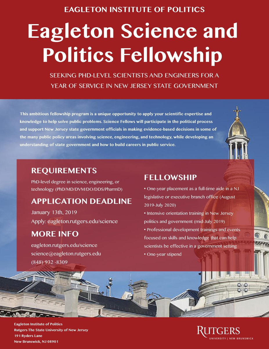 CCSTFellows's tweet photo. For PhD-level scientists interested in policy, @RutgersU @Eagleton_RU are accepting applications for their Eagleton Science and Politics Fellowship in New Jersey until *January 13th*. Find out more about their program here: https://t.co/dNCEuXDAli https://t.co/ybszPM6RzX