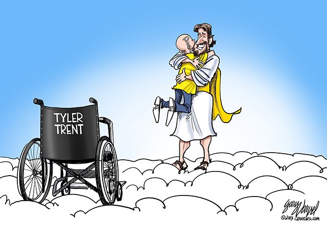Tyler Trent's faith in Jesus inspired this cartoon. 
2 Corinthians 5:8 - "We are confident, yes, well pleased rather to be absent from the body and to be present with the Lord." #TylerStrong #TylerTrent