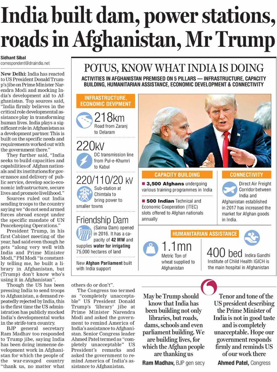 Sidhant Sibal On Twitter India Built Dam Powet Stations Roads In Afghanistan Mr Trump My Report In Today S Dna