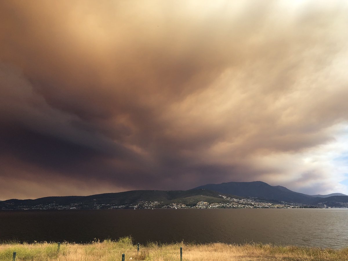 flameoffirefoto's tweet photo. Took this about 11:30 am and it looked like the sky was bruised! #bushfire #hobart #tasmania https://t.co/LV6SQsru0L