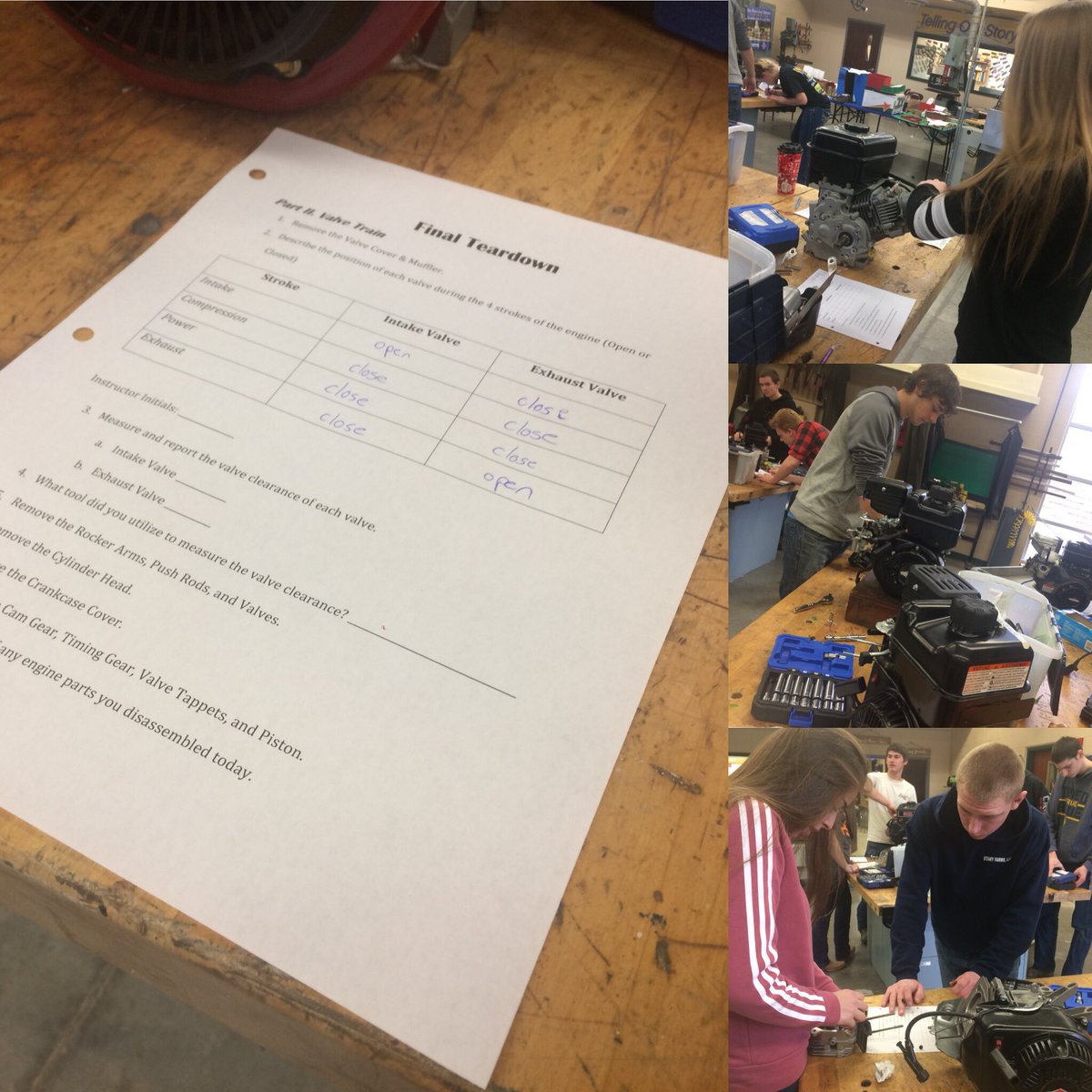 DJR_131's tweet image. It’s the “Final Teardown” in #AgPowerTech! Teams are reviewing engine parts, functions, and tools one last time before the semester ends! #TeachAg