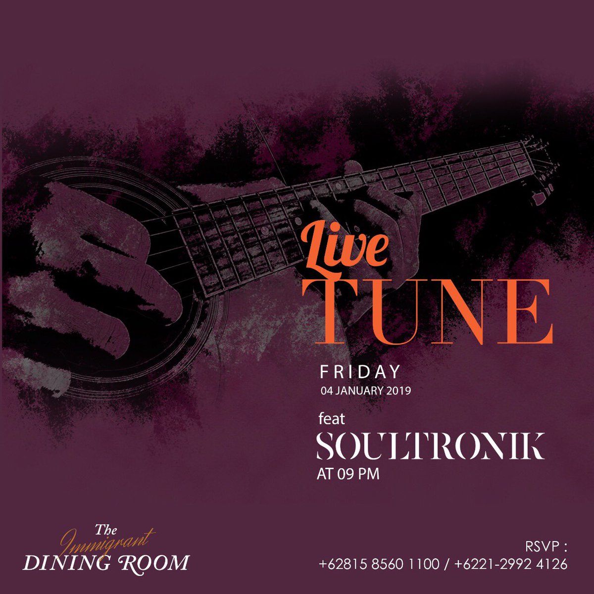 Sing out loud together with Soultronik Band tonight at 9pm!

The IMMIGRANT Dining Room
021-29924125 / 081585601100
