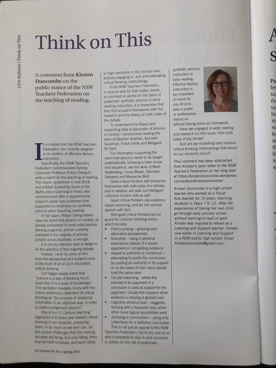 JulieMavlian's tweet image. Thank you @DuncombeKirsten for an excellent piece on the public stance of NSW @TeachersFed on the teaching of reading