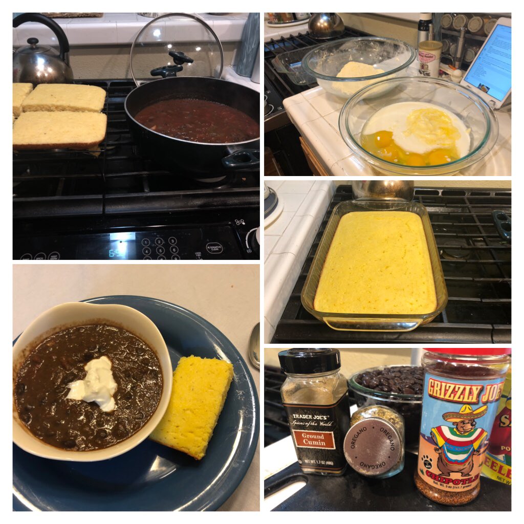 MADarlington's tweet image. Dinner 3: Black bean soup &amp;amp; cornbread. Sooo totally missed whisking in the sugar for the cornbread but it still tasted good😋.                      @DavidTamarkin              #COOK90
#HELLO2019
#DarlingtonImages
#MichelleDarlington
#longbeach
