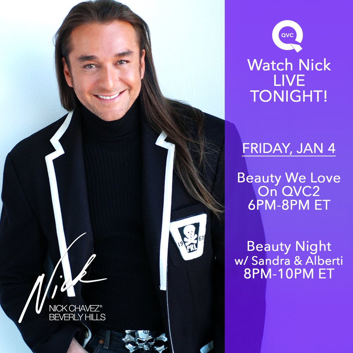 NickChavezBH's tweet photo. Get ready for a Gorgeous Night TONIGHT, January 4th on @QVC. Join me on #BeautyWeLove at 6PM-8PM ET on @QVC2, then catch me on #BeautyNight w/ my beauty besties, @SandraQVC & @Albertipopaj at 8PM-10PM ET. BLESSINGS, XO #newyearnewyou #advancedvolume #qvc #qvc2 https://t.co/x52hgmqOYk