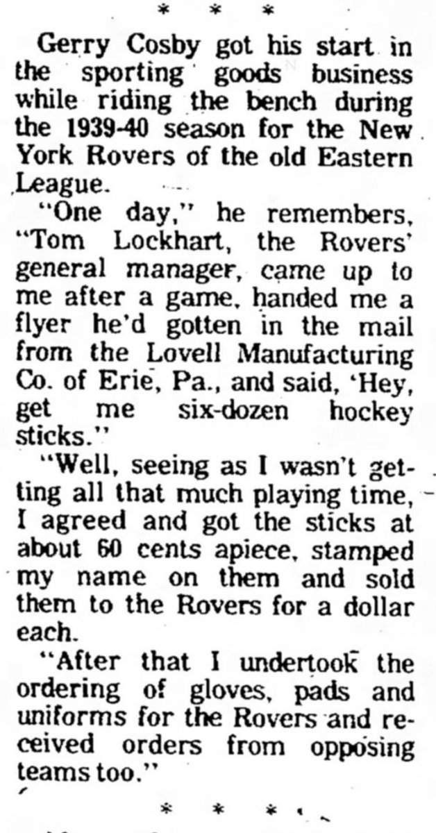VintageMNHockey's tweet photo. The famous late Gerry Cosby, of @NYRangers lore, got his start in Sporting Goods business by ordering Wan Gard hockey sticks, heres a story he told in interview years later about it @StraussSkates https://t.co/CC6uQRAuWw