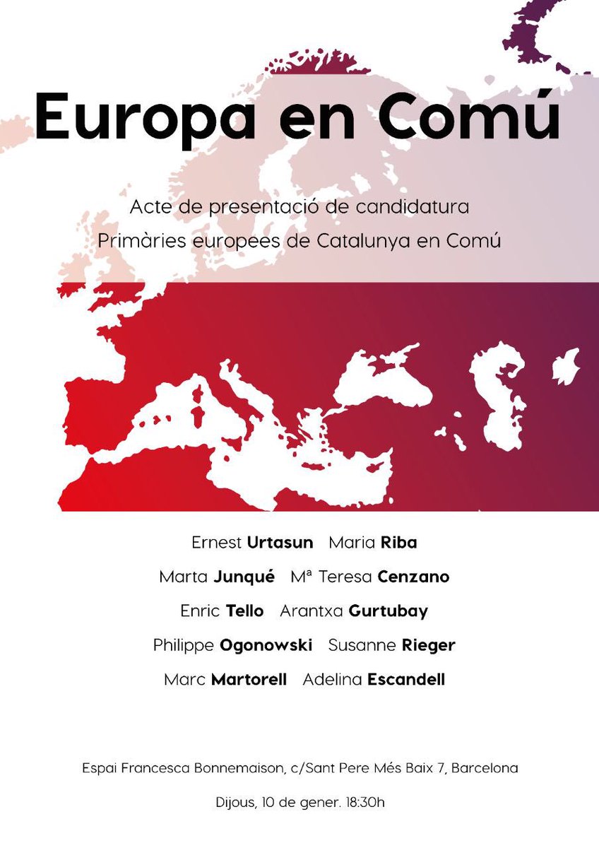 Apunteu a l’agenda!! Dijous 10 a les 18h30, acte de presentació de la candidatura #EuropaEnComú A l’espai Francesca Bonnemaison. Vine a conèixer els candidats i candidates!