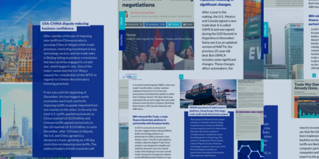 LiqEase's tweet photo. Before diving into 2019, look back over the Trade Finance stories that shaped international trade in 2018. Visit https://t.co/XxMfD46u2h to get your FREE copy of "Year in Trade Finance". 
#tradefinance #suppychainfinance #2018 #review #events #trade #fintech #Blockchain https://t.co/nlv8sMJYUY