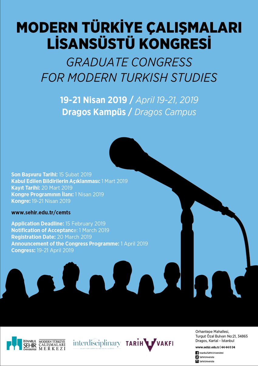 GradCongressMTS's tweet photo. @tarihvakfi_ &amp; @sehirmot &amp; @IDatSEHIR invites graduate students to discuss the issues which has shaped Turkey from a multidisciplinary perspective. Deadline: 15 February 2019 #tarihvakfi #sehirmot #sehiruniversity Details at https://t.co/phrZOl7oZh https://t.co/uGr2I34fZD