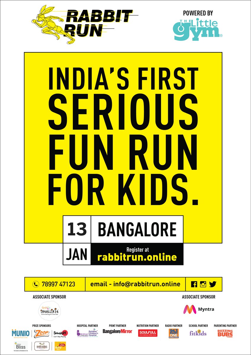newspatrolling's tweet photo. Registrations are pouring in for Rabbit Run - India's first serious fun run for kids. Sign your kids up at https://t.co/D3Njs2vlMb or call +91 7899747123.
Registrations are open till 12th January.
https://t.co/4gmBhSlwon
#RabbitRunIndia #SeriousFunRun #KidsRUn @RabbitRunIndia https://t.co/G7BJY3aVwm