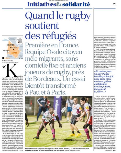 Nous avons droit à une double page superbe dans le journal <a href="/LaCroix/">La Croix</a> aujourd'hui, merci à Simon Barthelémy. <a href="/UBBrugby/">Union Bordeaux Bègles</a> <a href="/SectionPaloise/">Section Paloise Béarn Pyrénées</a> <a href="/racing92/">Racing 92</a> <a href="/raphaelpoulain/">Raphaël Poulain</a> <a href="/EwanjeEpee/">Maryse Éwanjé-Épée</a>