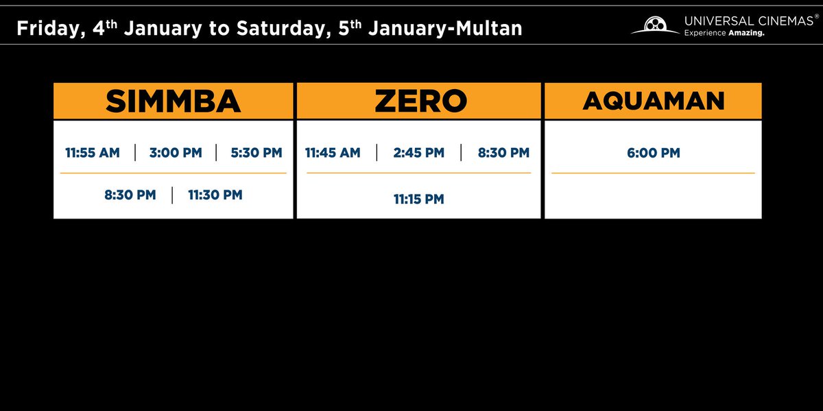 universalcinema's tweet photo. **LAHORE TO MULTAN SCHEDULE**
Friday 4th January to Sunday 6th January
#UniversalCinemas #Emporiummall #Lahore #Multan https://t.co/CxBBh0Q13Q