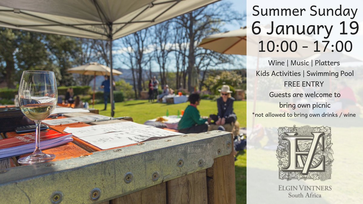 Join us for #SummerSunday happening at <a href="/ElginVintners/">Elgin Vintners</a> on 6 January 2019!
🎶🥂🎵☀️
#LiveMusic #Wine #KidsActivities #SwimmingPool #Cheese #Picnic