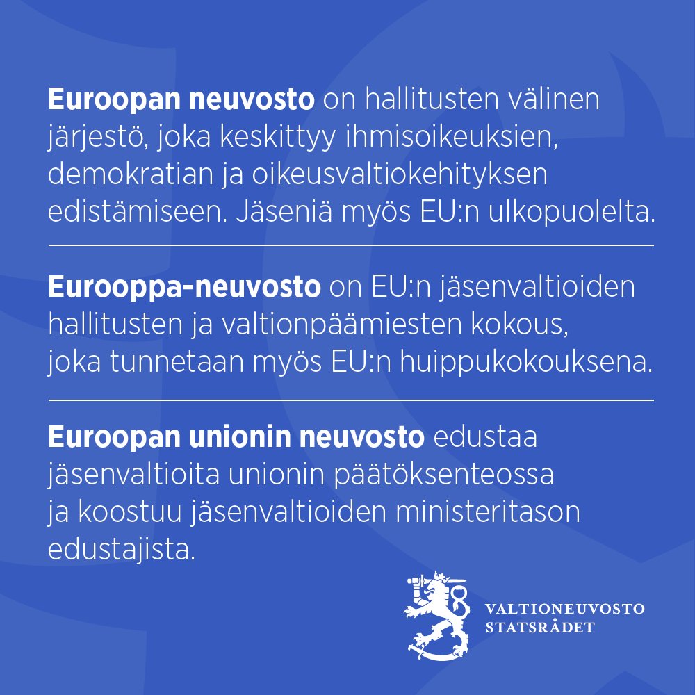 Euroopan neuvosto, Eurooppa-neuvosto vai Euroopan unionin neuvosto?🤷‍♂️

Suomi toimii toukokuun puoliväliin asti Euroopan neuvoston puheenjohtajana ja aloittaa heinäkuun alussa Euroopan unionin neuvoston puheenjohtajana. Kuvassa on muistutus, mitä eri instituutiot tekevät. 🇪🇺