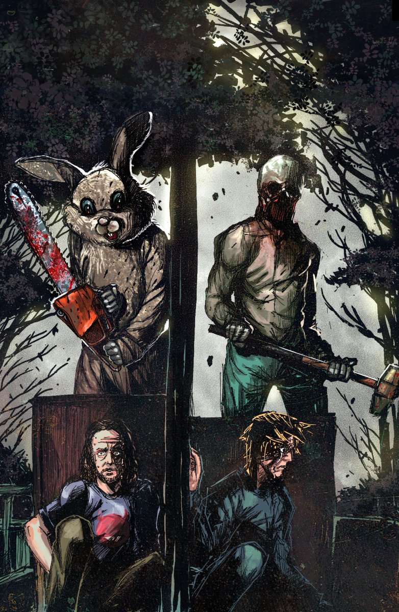 Bunnyman vs. Sledge #1 cover, indie horror comic
author  <a href="/BrandonRhiness/">Brandon Rhiness</a> 
art by Trevis Martinez
colors by me
 
#indiecomics #horror #horrorcomics #colorist #makecomics #love #horrormovie #cover #art #comicbooks #commissionsopen #RetweeetPlease