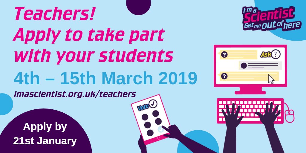 imascientist's tweet image. Bring your classroom alive with I&apos;m a Scientist this March. Find out more about the eleven zones this #IASUK here: imascientist.org.uk/2018/12/march-…

Apply to take part: