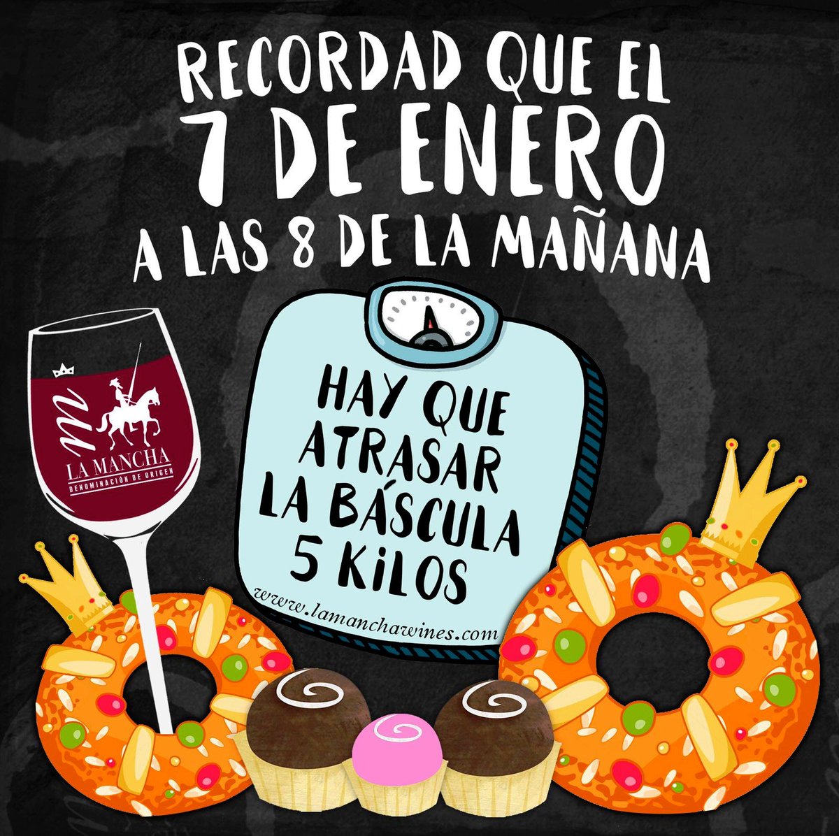 Recordad que el 7 de enero a las 8 de la mañana...
¡Hay que atrasar la báscula 5 kilos!

#vinodelamancha #elorigendelvino #humor #navidad #winelover #dolamancha #lamancha