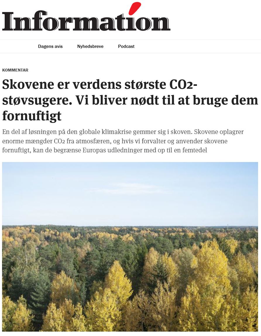 Interessant! Hvis vi forvalter &amp; anvender skovene fornuftigt, kan de begrænse Europas udledninger med op til 1/5 jf <a href="/Information/">໊</a>. 

Fornuftigt anvendelse af bæredygtig #biomasse til #bioenergi kan erstatte fossil energi &amp; medvirke til #dkgreen: information.dk/debat/2018/12/…