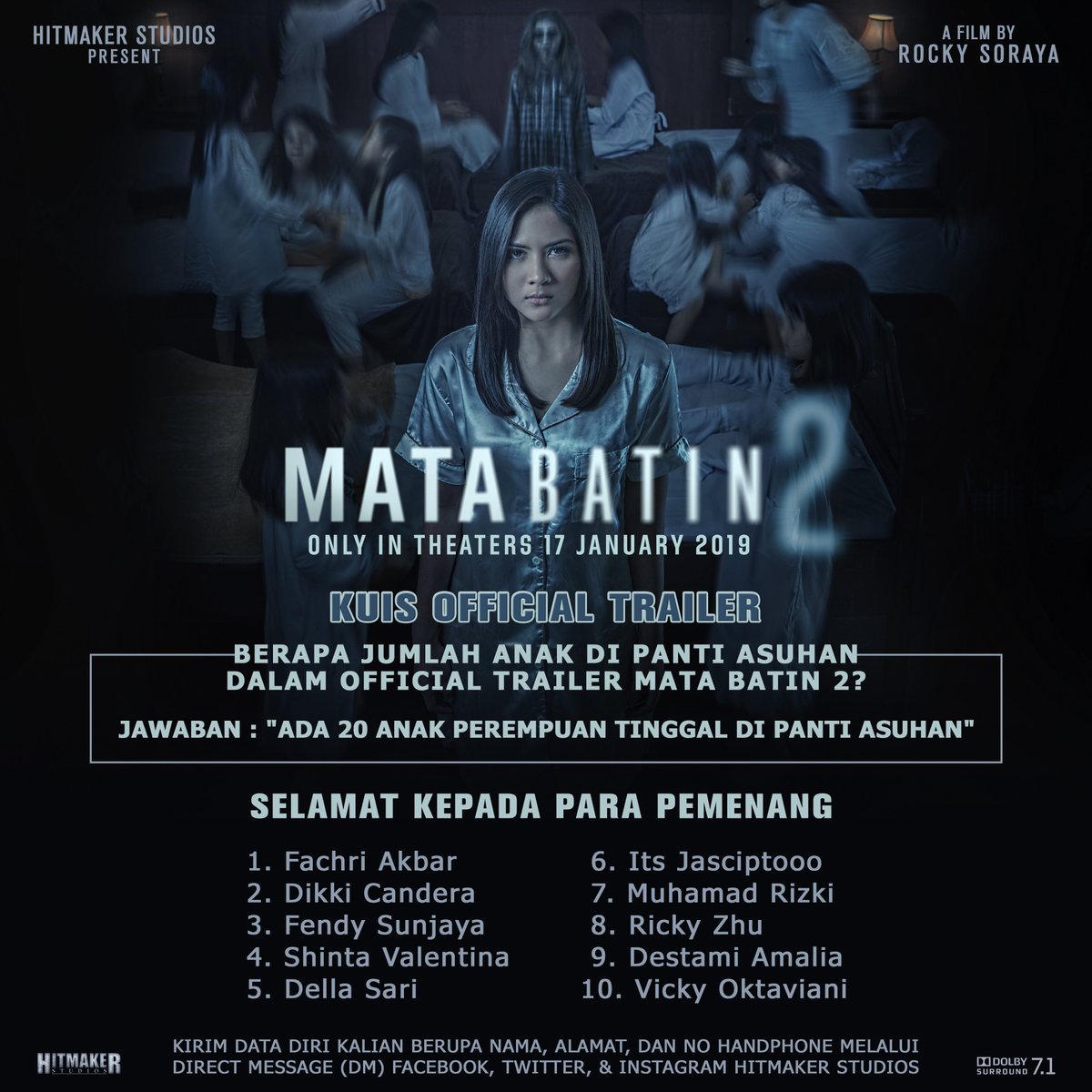 Selamat kepada pemenang! Kita tunggu DM kalian 🙏
Kalau belum menang jangan ngambek, tunggu #kuismatabatin2 berikutnya yaaa 😁

#matabatin2
#fearthedead
#hitmakerstudios
#17januari2019