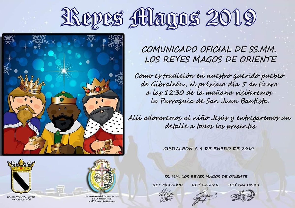 ParroquiaGibra's tweet photo. 👑👑👑 Sus Majestades, los @ReyesMagos de Oriente visitarán la Parroquia Matriz de San Juan Bautista de Gibraleón mañana día 5 de enero a las 12:30h de la mañana.

Allí adorarán al niño Jesús y harán entrega de un detalle a todos los presentes 🎁 https://t.co/y14OJZoR7D