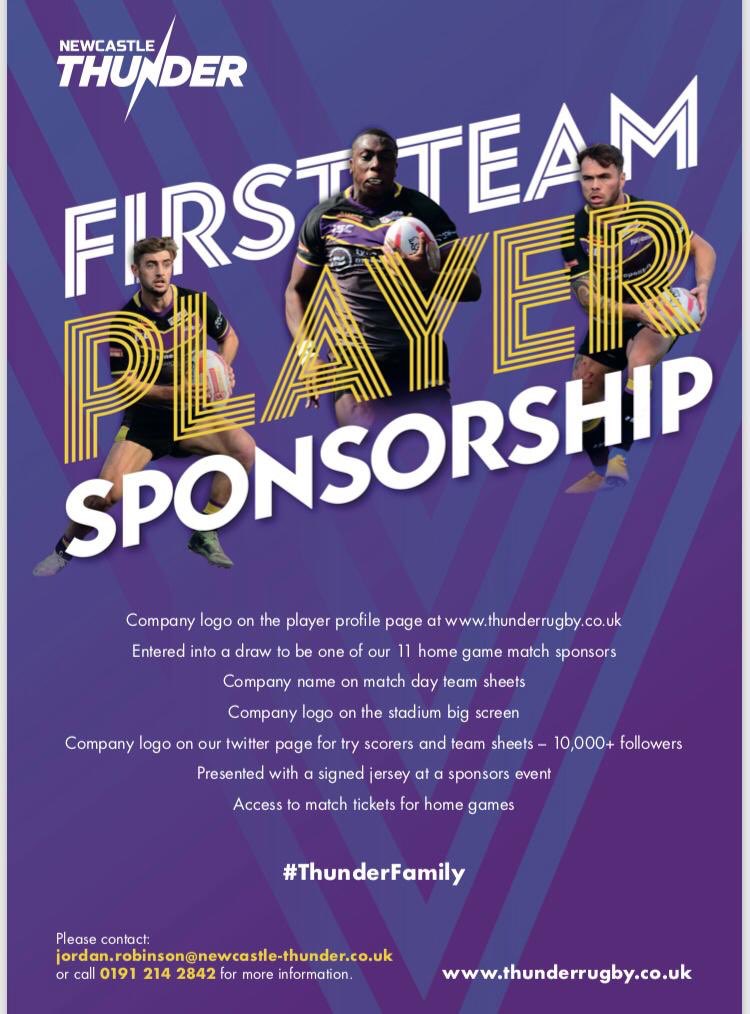 Any companies out there be interested in sponsoring a player including myself? 
Some great packages available with a club that is definitely on the up with some great exposure! <a href="/ThunderRugby/">Newcastle Thunder</a>