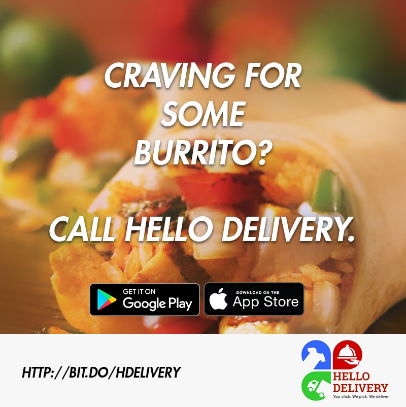 hellodelivery's tweet photo. Are you a burrito lover? No time to drop at the shop? 

No problem! We are here to help you. 

Just contact us and wait for your burrito on your doorstep.

Playstore Download: https://t.co/HKWsvovIlK
Appstore Download: https://t.co/HKWsvovIlK

#HD #Hellodelivery #Burritolover https://t.co/BAcHZs8fNw
