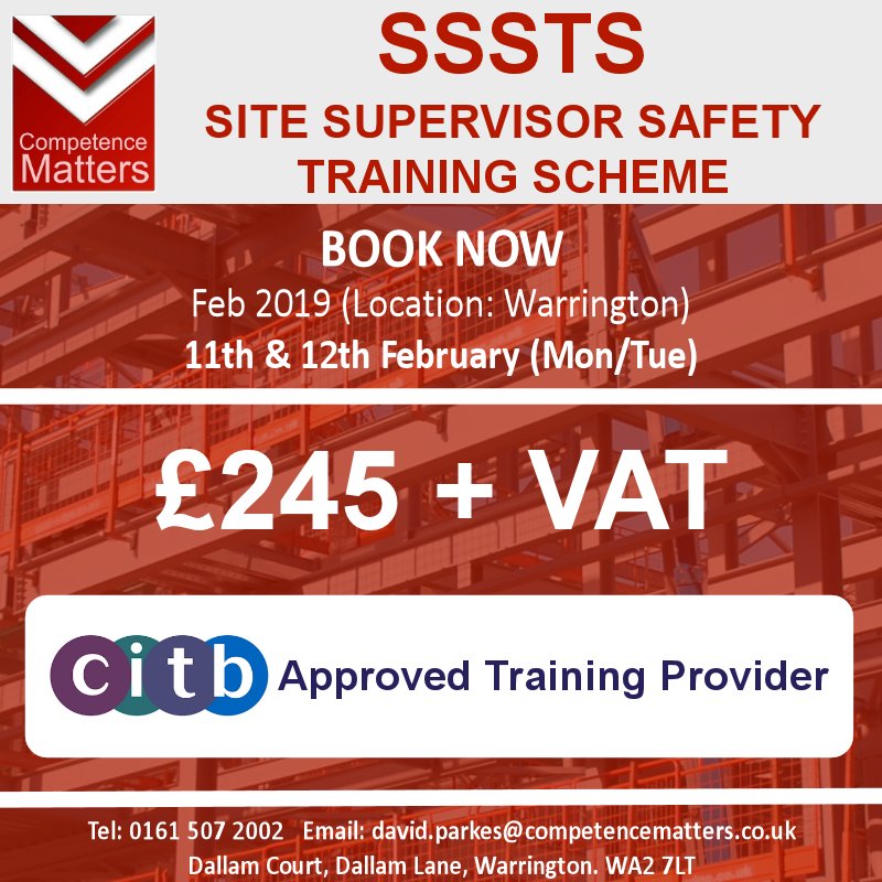 competencedave's tweet photo. HAPPY NEW YEAR 2019

We still have places available for our February 2019 SSSTS course held in Warrington.  Book online or contact us on 0161 507 2002.

https://t.co/E96qCigy0H 

#citb #sssts #training #construction https://t.co/4YFFX6KEhj