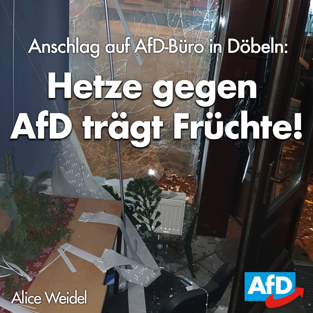 Alice_Weidel's tweet photo. +++ Ein neuer, feiger Anschlag gegen die Demokratie hat sich ereignet! +++
Unbekannte zündeten einen Sprengkörper vor dem #AfD-Büro in #Döbeln in #Sachsen. Ich bin tief schockiert über diese schamlose, feige Tat. Zum Glück wurde niemand verletzt.
➡️ https://t.co/V42DH3BQJC https://t.co/V1Rz2Dp2PD