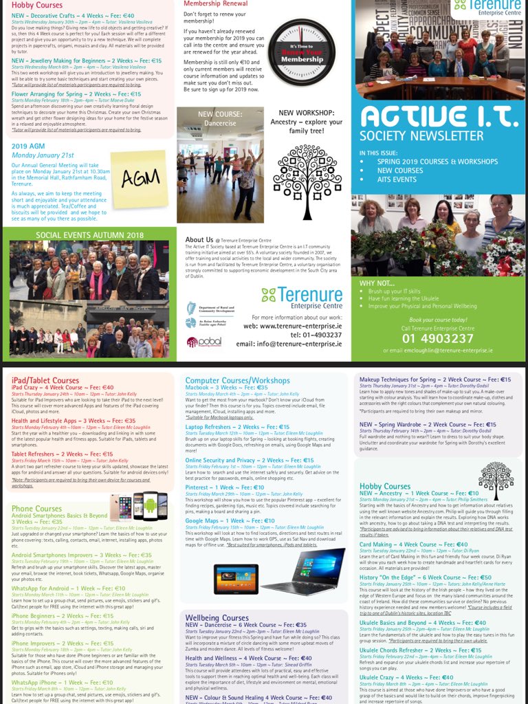 t_enterprise's tweet image. Our Spring 2019 Brochure for our Active I.T Society members is now available!Lots of new and exciting courses and workshops 😊 For more information/booking email emcloughlin@terenure-enterprise.ie or call reception at 014903237 #spring #springcourses #communitytraining #workshops