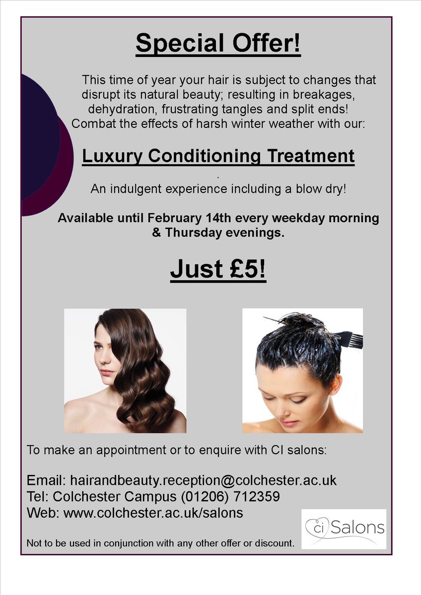 CI_Salons's tweet photo. Treat your hair with our New Year Special Offer! #hair #conditioning #indulge #winter #styling #Colchester @ColchesterInst https://t.co/h1fpjyKcuH