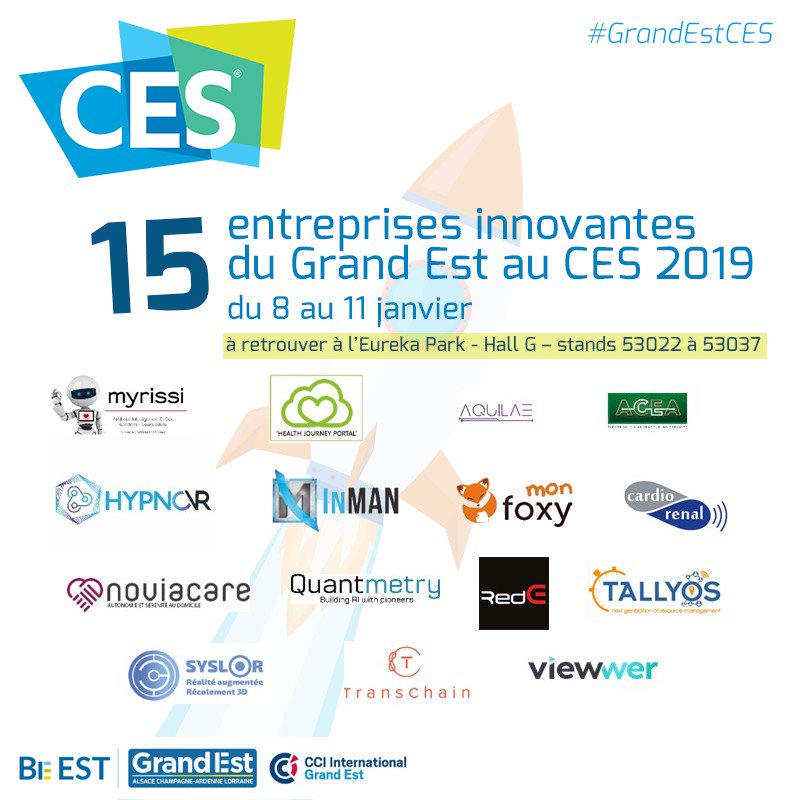 regiongrandest's tweet photo. J-4 #CES2019 15 start-up du #GrandEst dans les starting blocks pour #LasVegas #business #Innovation @CES @InMan_ @aquilae @Pharmagest @hypnovr @_monfoxy @my_myrissi @Quantmetry @Redescooter @SyslorAR @TallyosFrance @transchain_io #GrandEstCES https://t.co/jhsBua6ydn