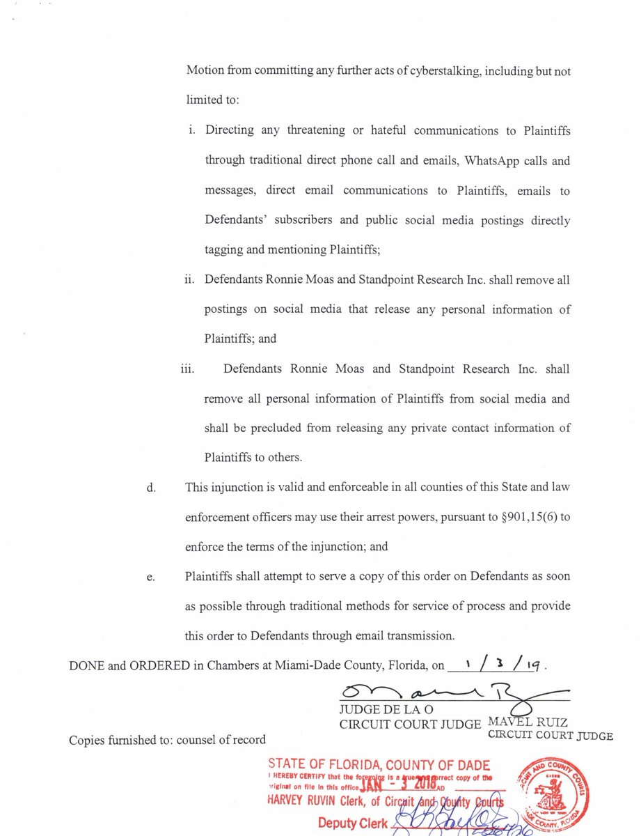 2019-01-03 - ORDER on Emergency Ex Parte Verified Motion for Injunction for Protection Againt Cyberstakling pursuant to 784.048(1)(D) of the Florida Statutes