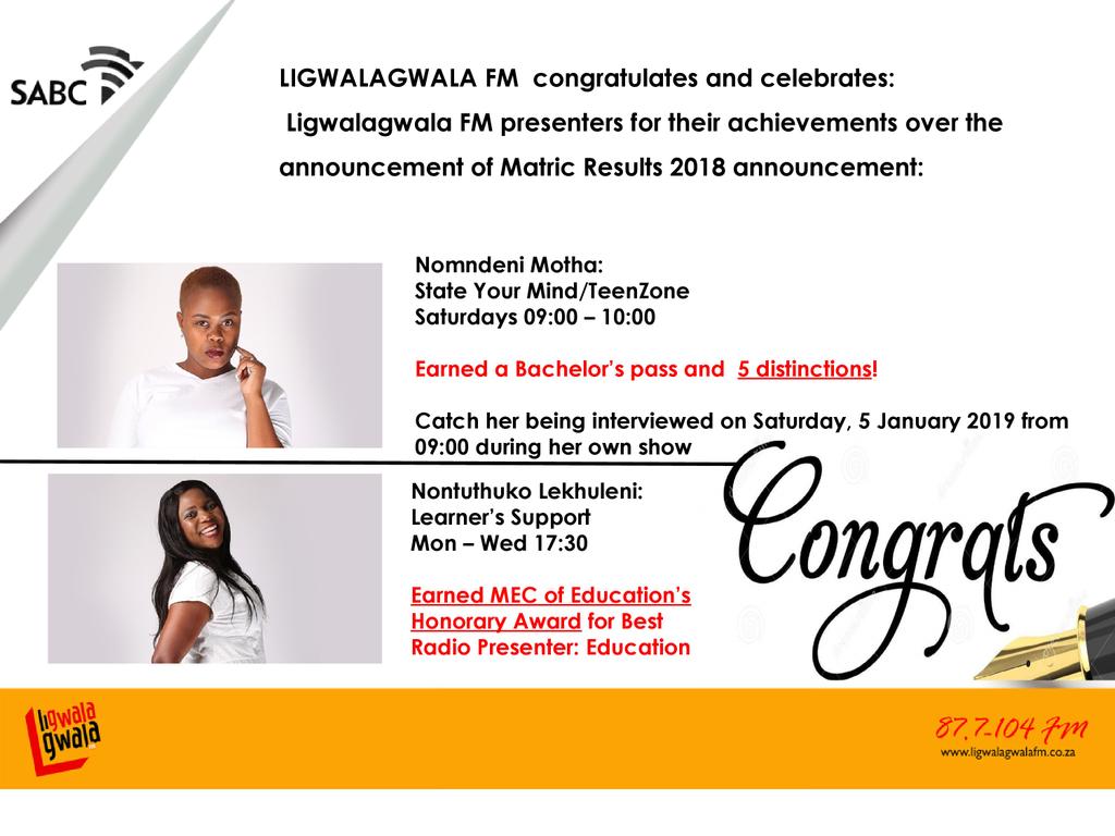 ligwalagwalaFM's tweet photo. #LigwalagwalaFamily , help us congratulate our #ligwalagwalafmtalent @NONTU2KO_N and #Nomndeni for their achievements following the announcement of #MatricResults2018 🎈🎈🏆 https://t.co/27R3PQRNV4