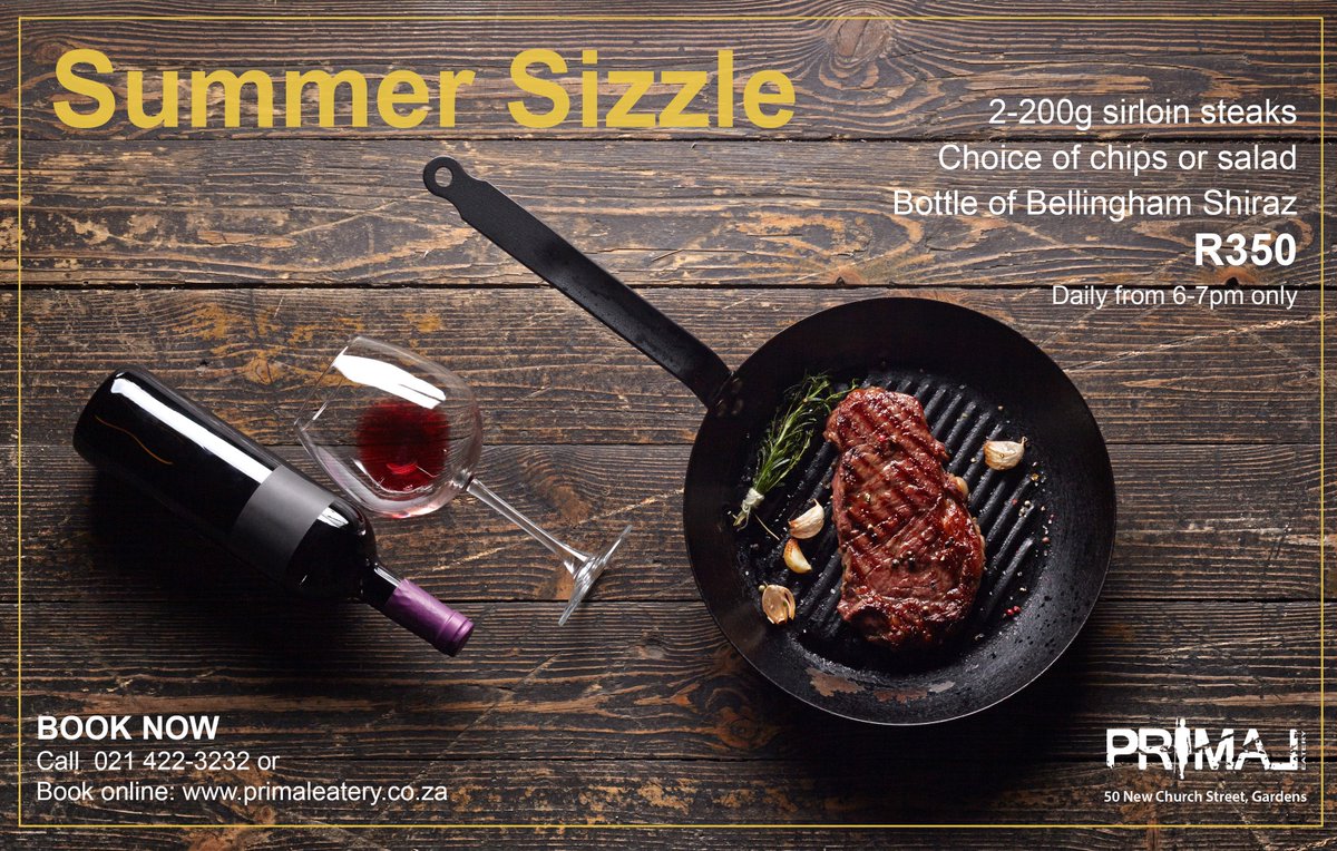 primaleaterycpt's tweet photo. Splash out this summer and try our new summer special. 2 steaks, 2 sides and 1 bottle of wine for only R350. Available daily from 6-7pm. @Bellinghamwines #earlybirdspecial #summer #capetownfoodie #capetownfood #foodies #capetownrestaurants #FoodBlogCT #CapeTown #steaklover https://t.co/T2sigghzV9