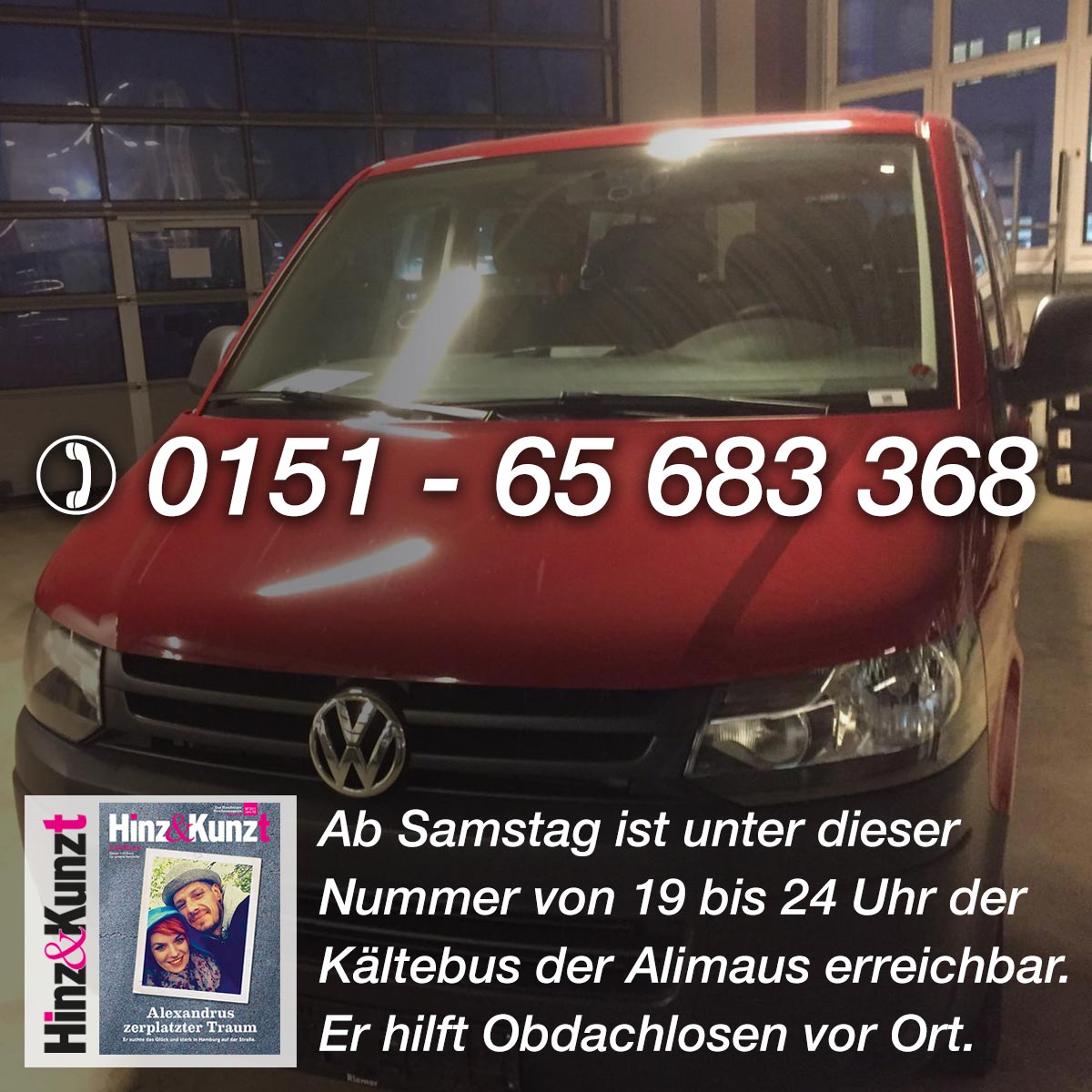 Hamburg hat ab Samstag einen #Kältebus für #Obdachlose!
1⃣ Nummer speichern
2⃣ hilfsbedürftige Obdachlose melden
3⃣ Beitrag teilen
Alle Infos: hinzundkunzt.de/der-hamburger-…