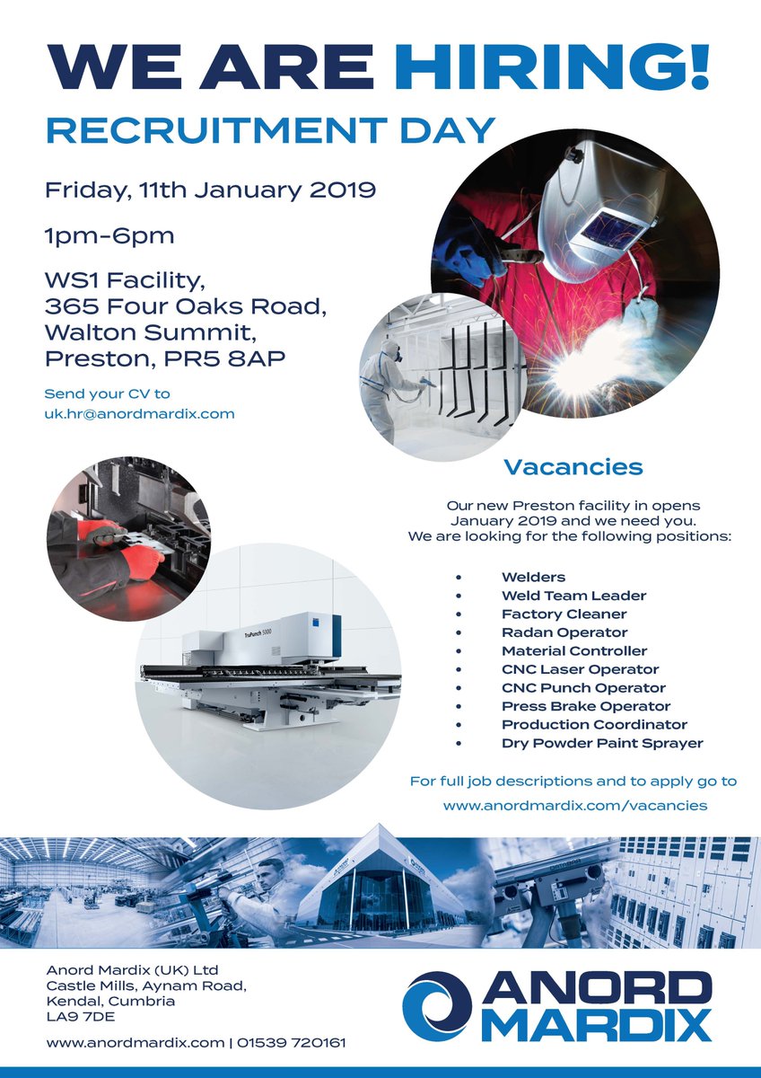 We're holding a recruitment day on Friday 11th January in our new WS1 Facility in Preston, Lancashire. We encourage anyone who has an interest to come along to the event and find out more about the jobs we have available. To view &amp; apply visit our website lnkd.in/dR472Mn