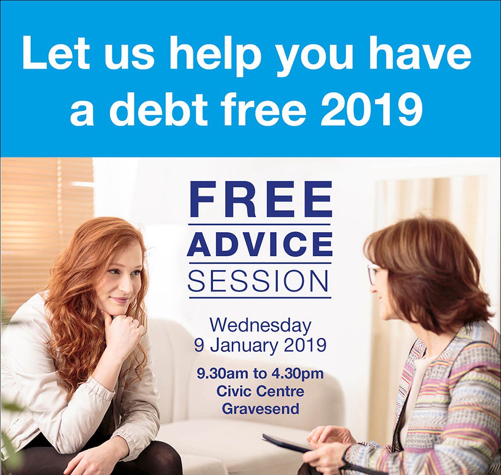 graveshambc's tweet photo. Let us help you have a debt free 2019. If you have a council tax or housing benefit overpayment debt we can provide advice and help so you can clear these debts. Free advice session, Wednesday 9 Jan, 9.30am-4.30pm at the Civic Centre, Gravesend. No need to book. https://t.co/gQSIH4xKSf