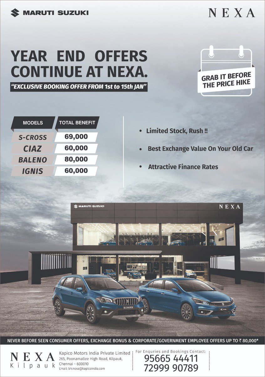 AmbalAuto's tweet image. Visit your nearest nexa showroom to avail this offer valid from 1st January to 15th January .
Details Call: 9900030954.
Book now : bit.ly/2F6YusU
#AmbalAuto #MarutiSuzuki #YearEndOffers #MarutiSuzukiNexa #ExcitingOffers