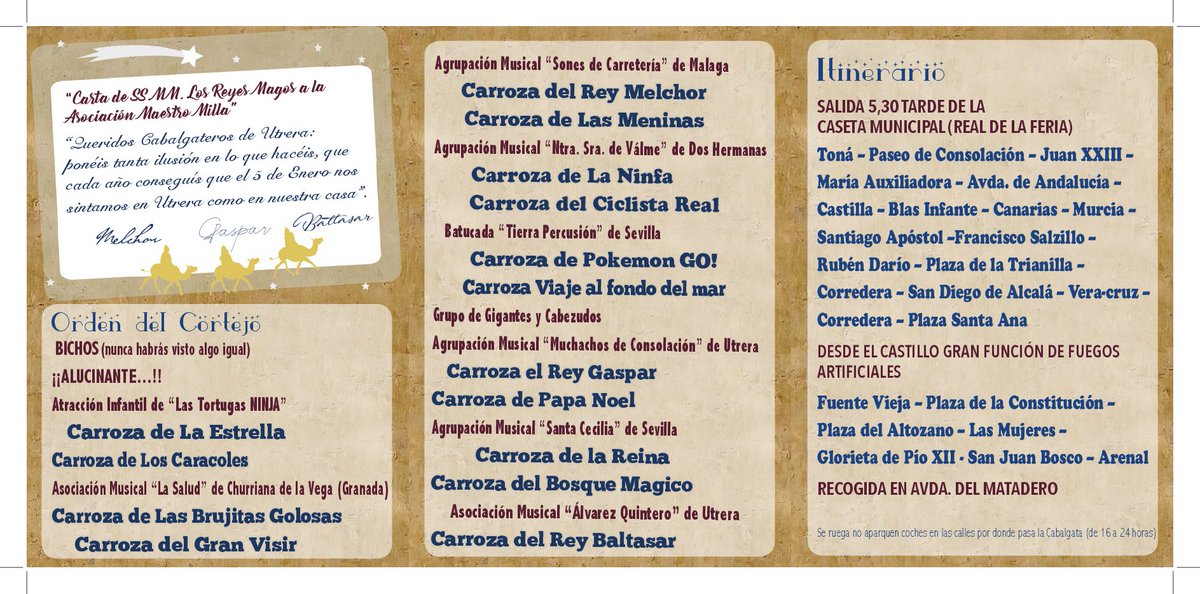 CiudadUtrera's tweet photo. 👑 Cabalgata de Reyes.
Te dejamos la programación para que disfrutes de la Cabalgata de los Reyes Magos de Utrera y la función de fuegos artificiales.
📍 Caseta Municipal (Real de la Feria)
📆 5 de enero
🕑 17:30 horas
¡Vive la ilusión!
#NavidadEnUtrera https://t.co/tvSsrxpvLP