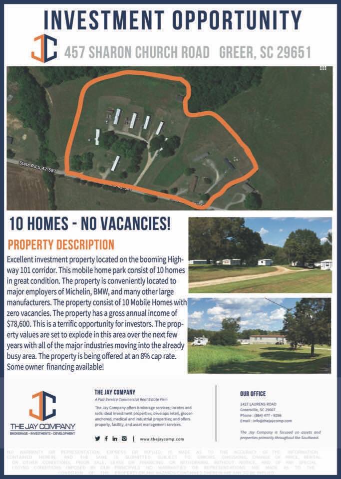 EXCELLENT INVESTMENT OPPORTUNITY! This property is located on the booming Highway 101 corridor. This mobile home park consist of 10 homes in great condition. The property is conveniently located to major employers of Michelin, BMW, etc. JKJay@TheJayComp.com