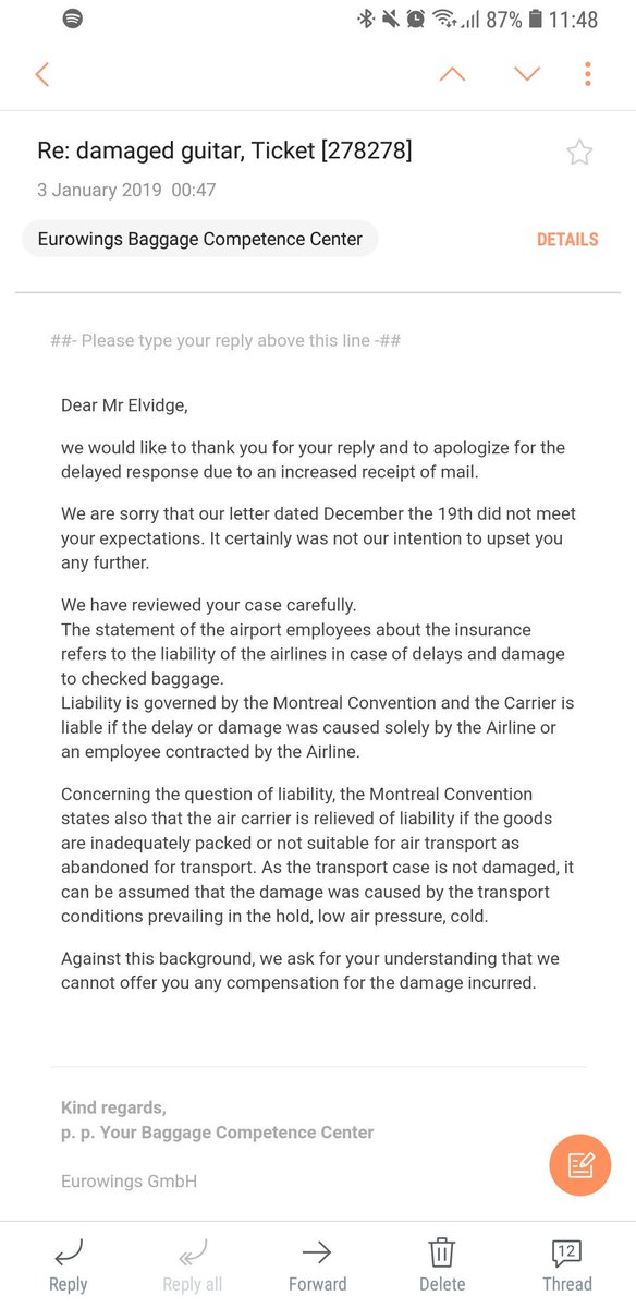 ElvidgeGabriel's tweet photo. @eurowings finally got back to me. 
still not providing proof that they did not cause the damage, and using a new excuse in every email to not compensate.
#Europe
#Gibson  #NewYears2019 
#Lufthansa 
#BarackObama 
@gibsonguitar @Slash @ChiliPeppers  @AAofficial @DaveCarroll https://t.co/1NgLUTmHVS