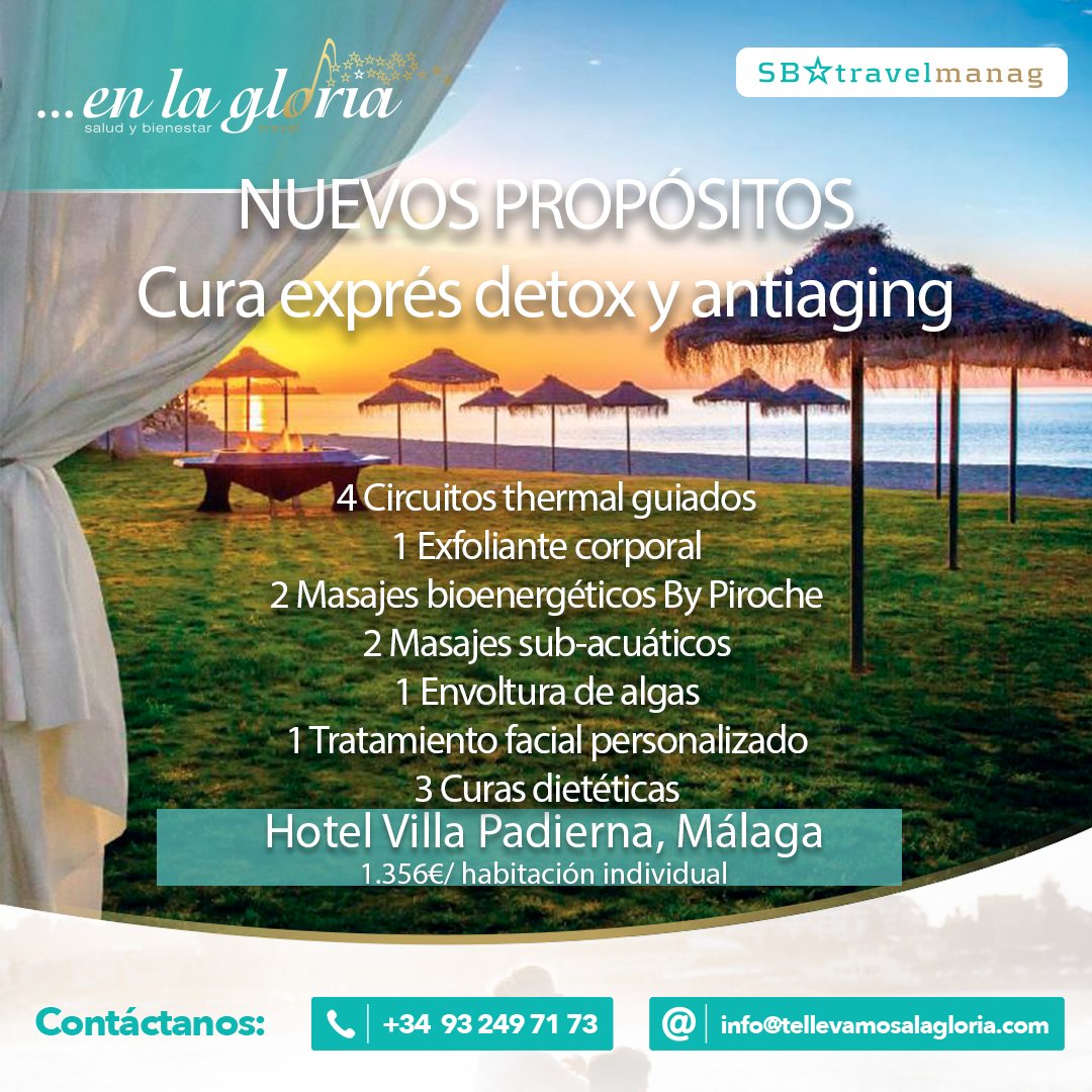 Nuevos Propósitos con la Cura Exprés Detox y Antiaging
Programas Curativos de Adelgazamiento y Detox tras los excesos de las vacaciones de Navidad. ow.ly/gWsm30nbMhZ 
#enlagloria #detox #vacacionessaludables #turismodesalud