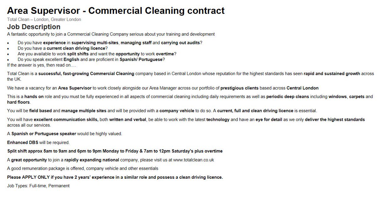TotalCleanJobs's tweet image. NEW JOB ALERT!! Area supervisor position in London, Greater London. Please see below for more information and contact us with your interest! totalclean.co.uk #totalcleanjobs #cleaningobsessed #commercialcleaningjobs #trabajos