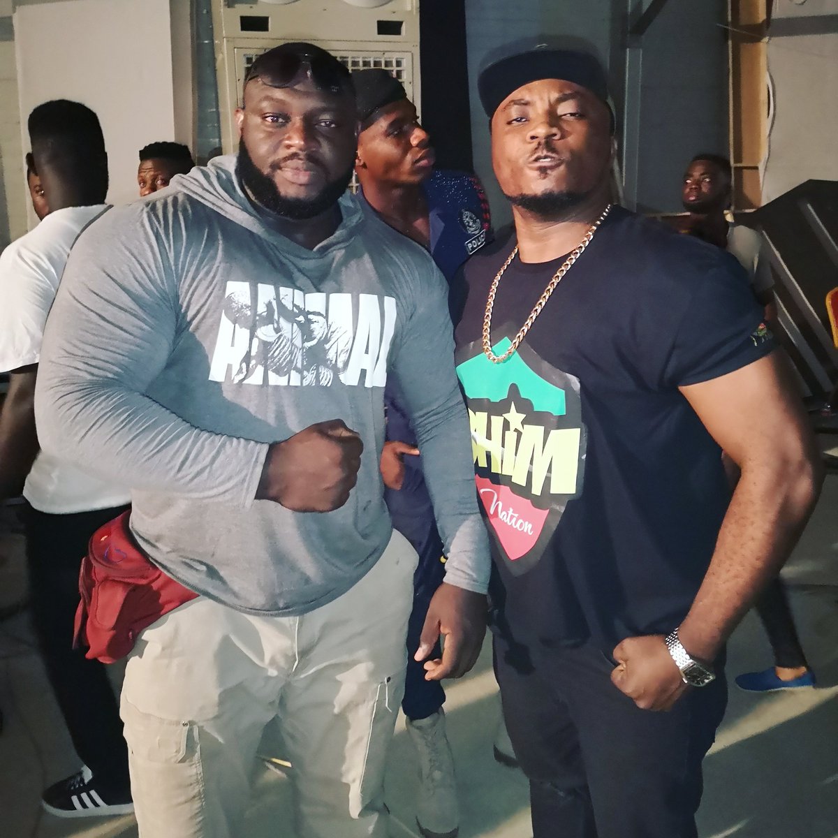 dkbghana's tweet photo. Ghana's strongest comedian MEETS Ghana's strongest man at the backstage of #BHiMConcertDec28

Who go win the fight? 😂 😂 😂 https://t.co/KUmPZZeVlj